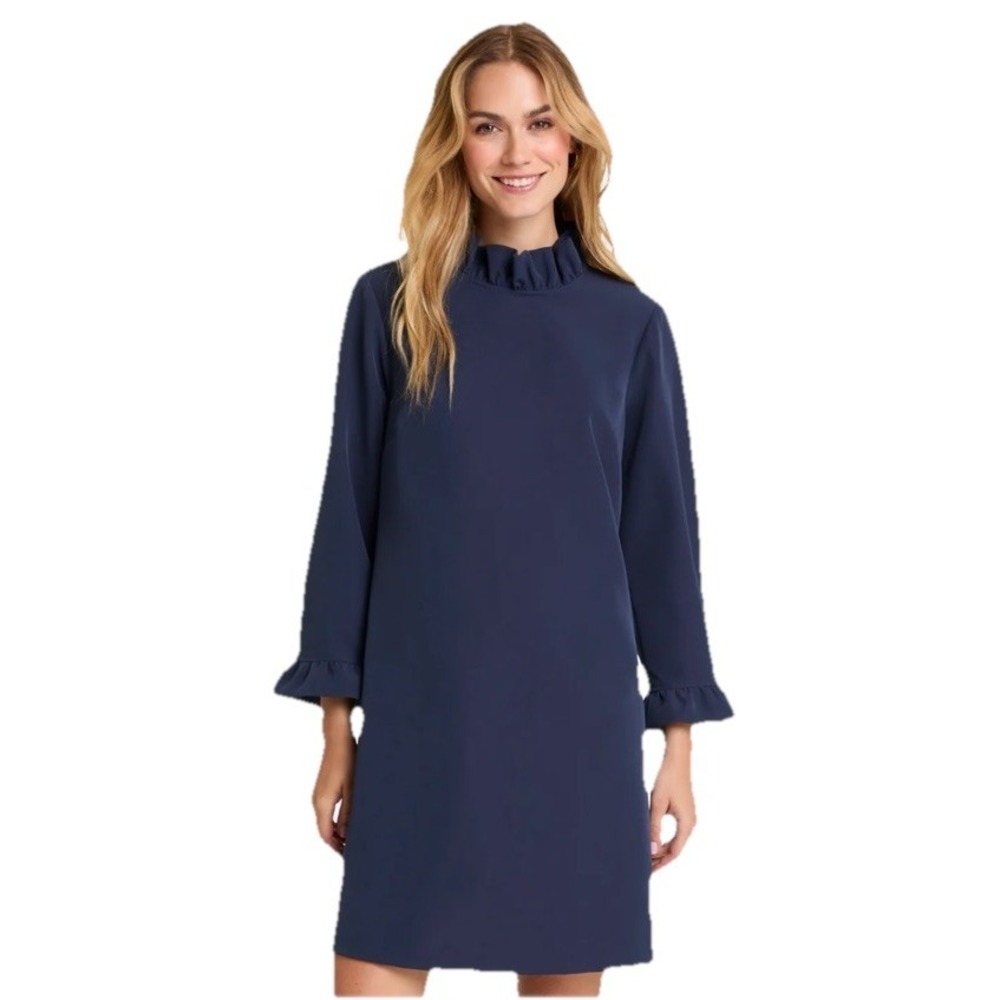Draper‎ James Lindsay Shift Mini Dress Sz L Blue Smocked Mock Neck Bell Sleeve